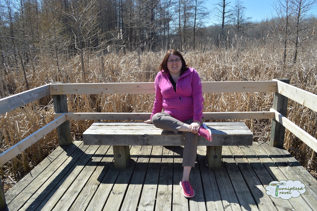 Hiking Mer Bleue Bog in Ottawa: Vanessa sits on a bench on the boardwalk