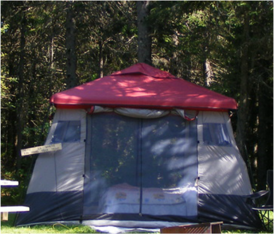 Large grey and red tent in the woods Tent