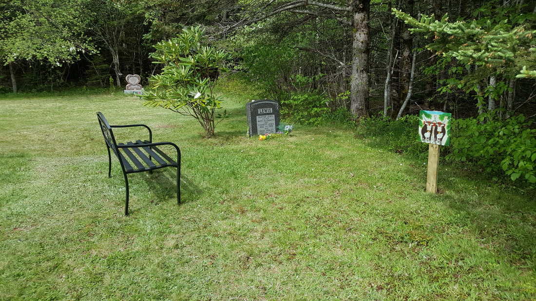 A bench is positioned next to a grey gravestone with the name Lewis carved into it, surrounded by green grass and trees Picture