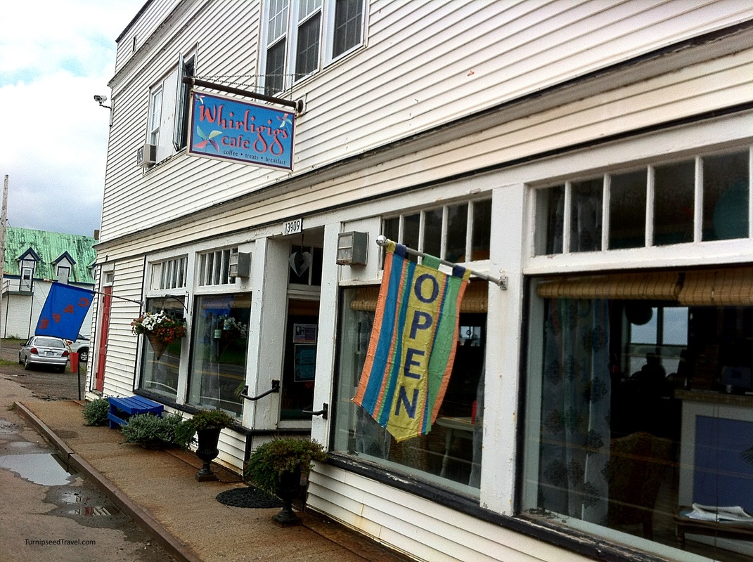 The front door of the Whirligig's Cafe in Wallace, Nova Scotia. Seafood Eggs Benedict 