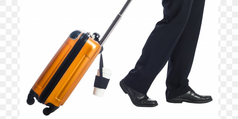 Picture of an orange rolling suitcase with a coffee holder