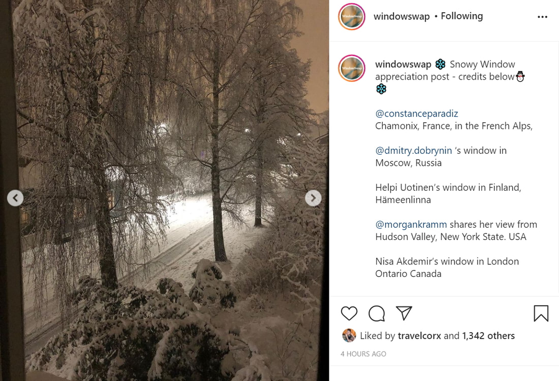Instagram screen shot showing a snowy winter street with tall trees in Finland, plus the Instagram caption applicable to it and other shots. Picture