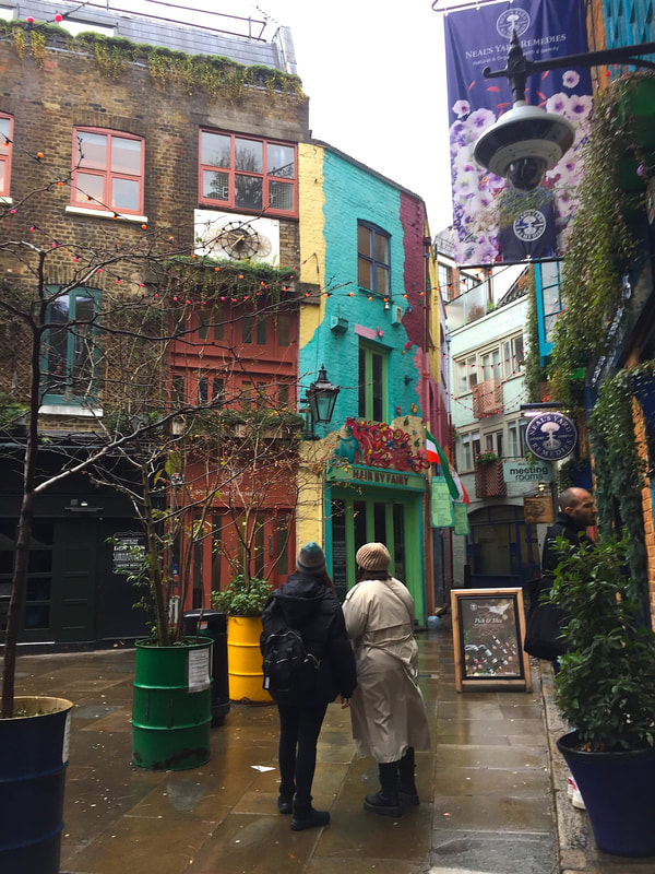 Brown, Yellow, Teal, and Mint coloured buildings in Neal's Yard, LondonPicture