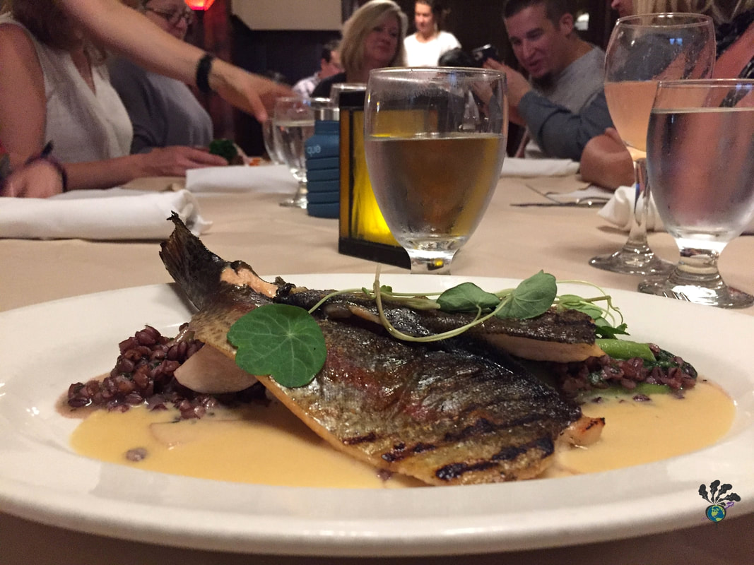 Belton chalet dining room: Plate of grilled trout on top of purple lentils and a white saucePicture