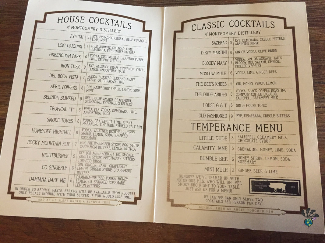 List of house cocktails, classic cocktails, and non alcoholic drinks at Montgomery Distillery in Missoula Montana Picture
