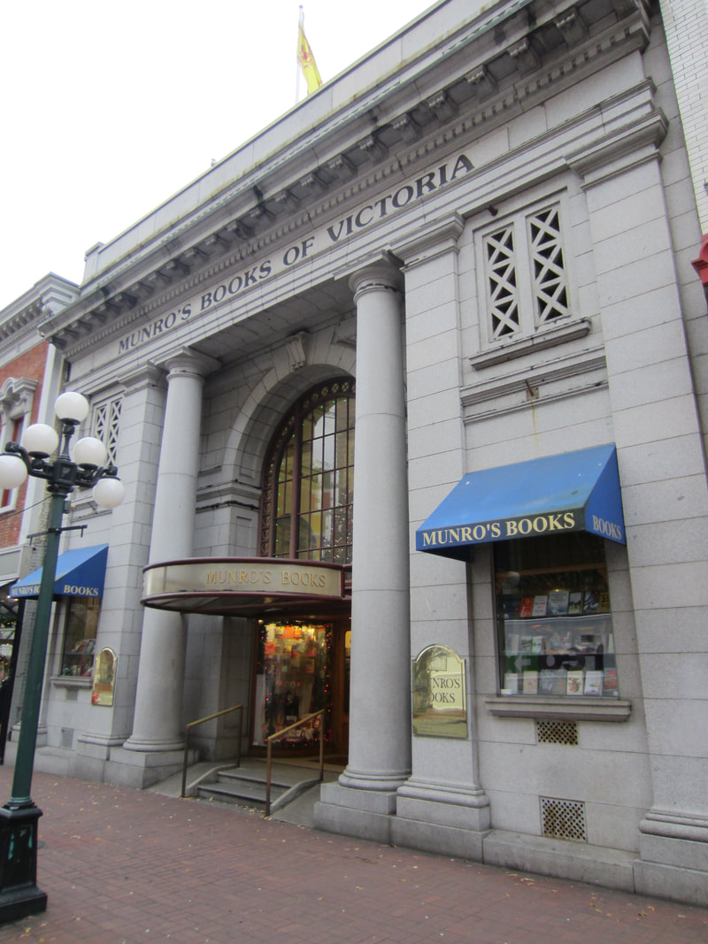 Exterior of Munro's bookstore in Victoria showing a large grey stone building with columns 