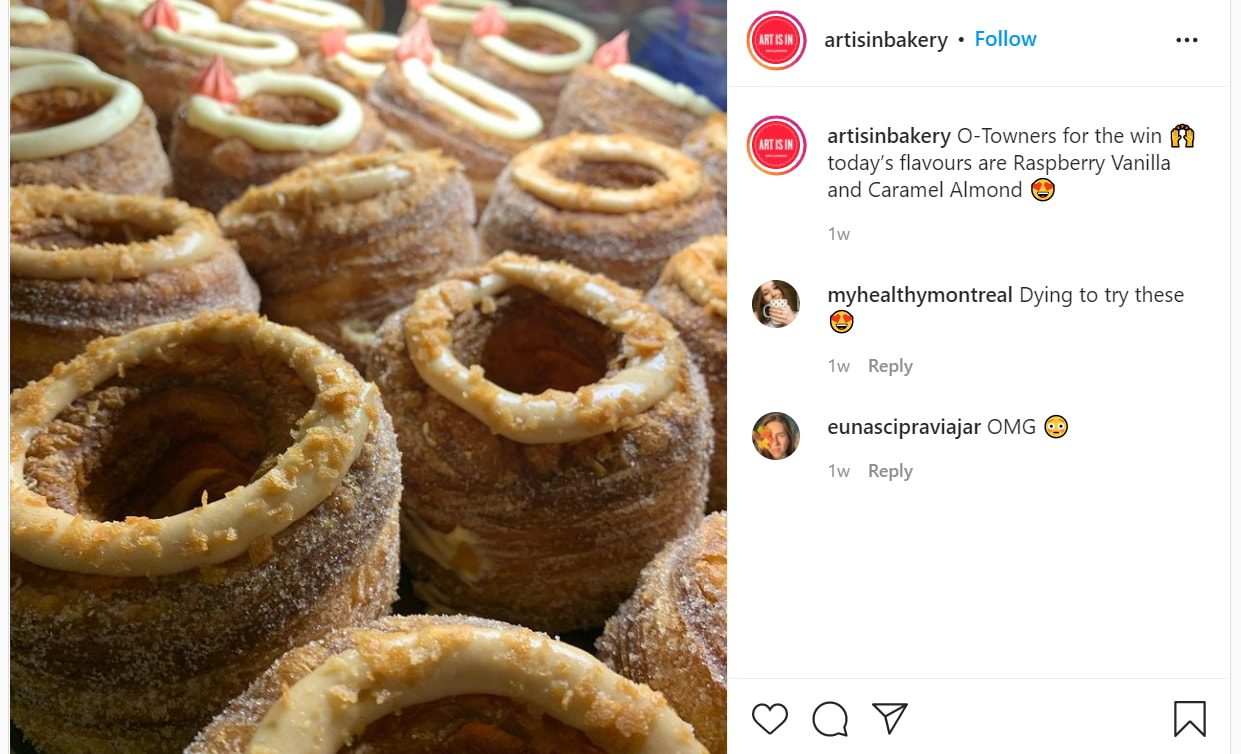 Instagram screen shot of a photo of circular O-Towner donut-croissants, topped with sugar and a ring of creamy frostingPicture