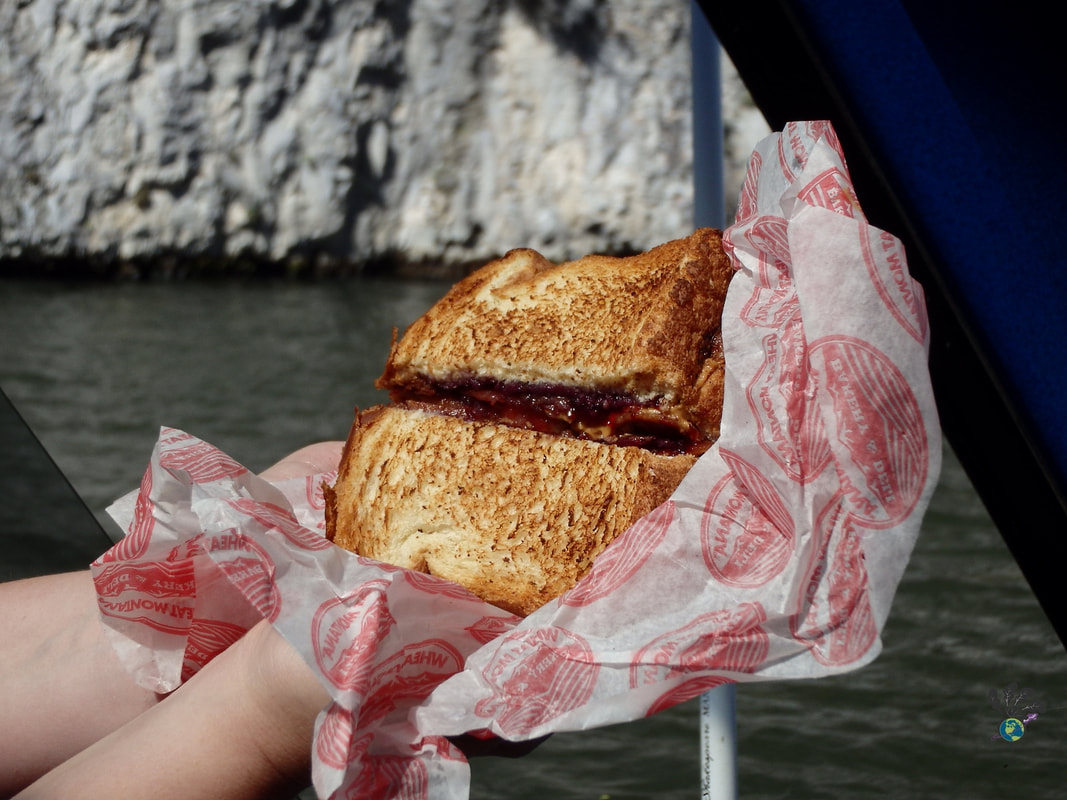 Shot of a toasted peanut butter sandwich being enjoyed on the boatPicture