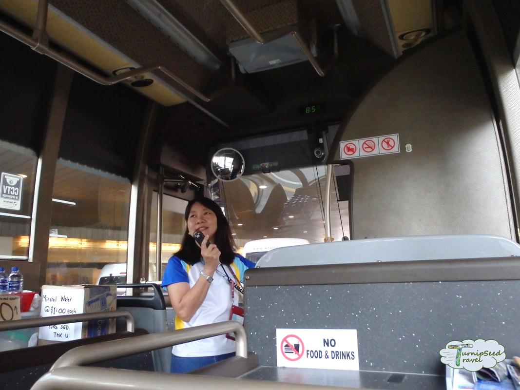 A tour guide addresses the tour bus on the free Singapore tour from Changi airport