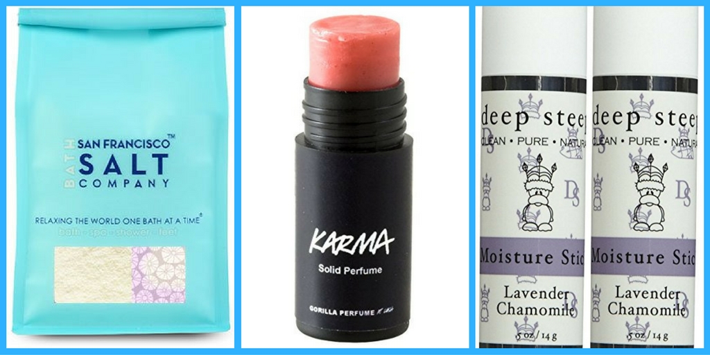 Three part image showing bath salts, a solid perfume, and a solid lotion bar