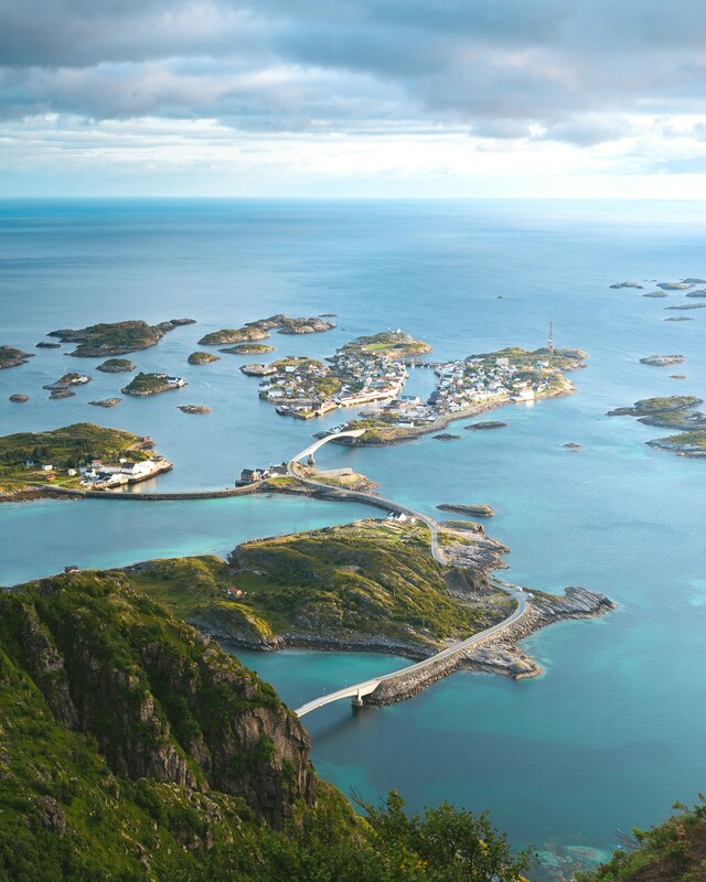 Arial view of several small islands connected by bridges as seen in summertime Picture