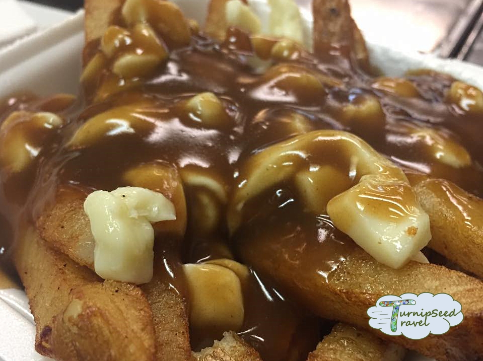 Bowl of poutine with cheese curds and gravy