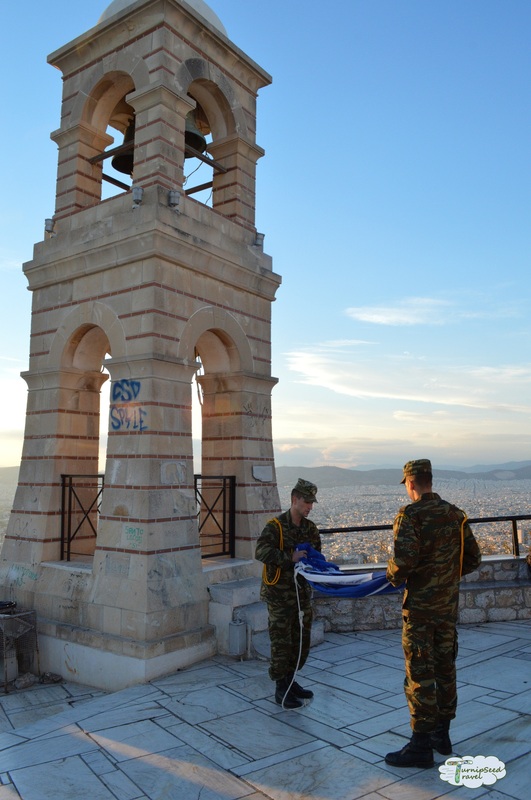 Flag lowering ceremony Lycabettus Hill Athens