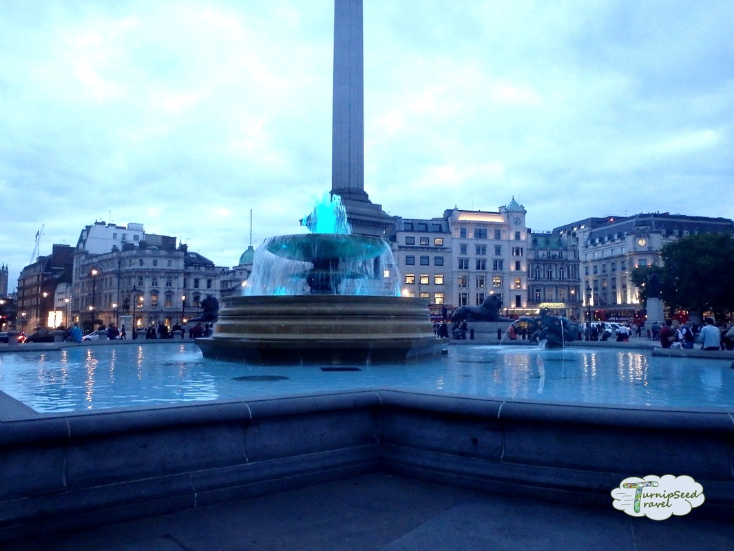 Trafalgar Square's fountains at night.