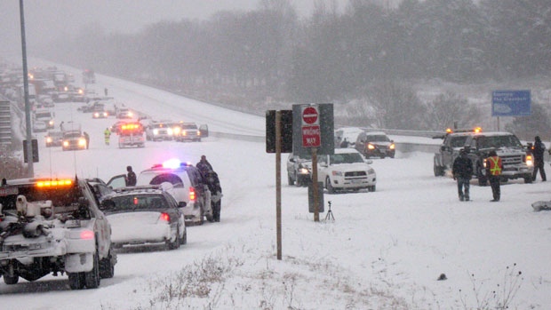 Photo of a winter storm travel pile up on a highway 