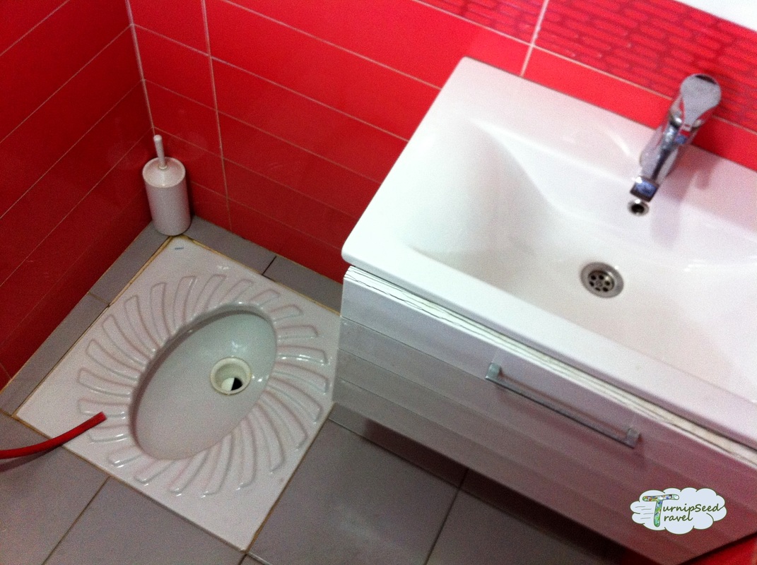 Clean white squat toilet and sink Picture