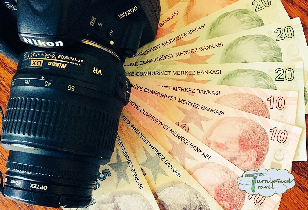 Nikon camera sits on top of a pile of foreign currency.