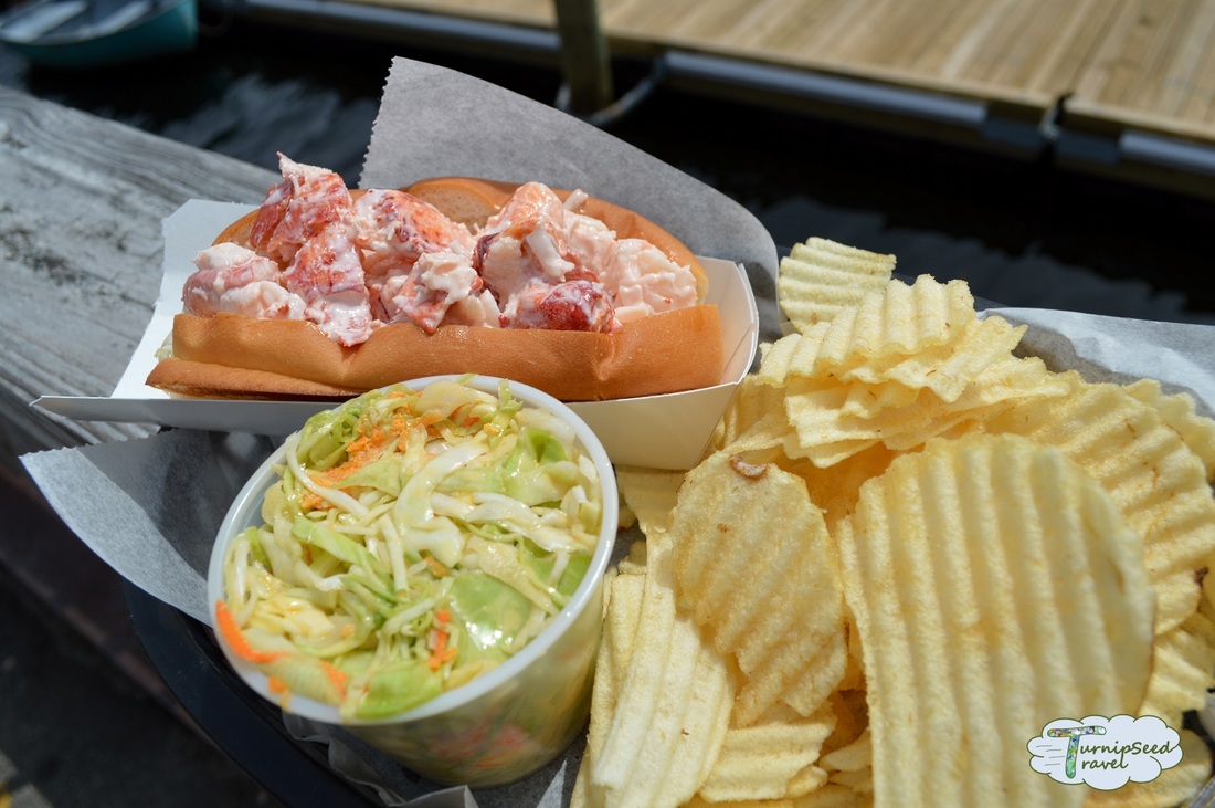 Lobster roll with a large side of ripple potato chips and a small container of coleslaw Picture
