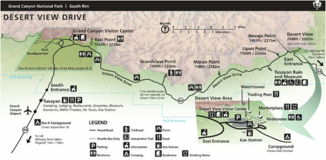 Map Grand Canyon National Park East Entrance and Desert View Drive