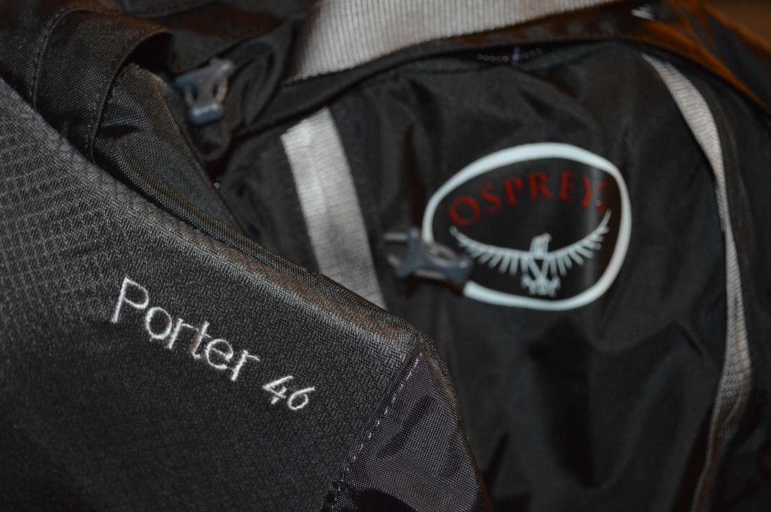 Close Up Osprey Porter 46 Black backpack. TurnipseedTravel.com