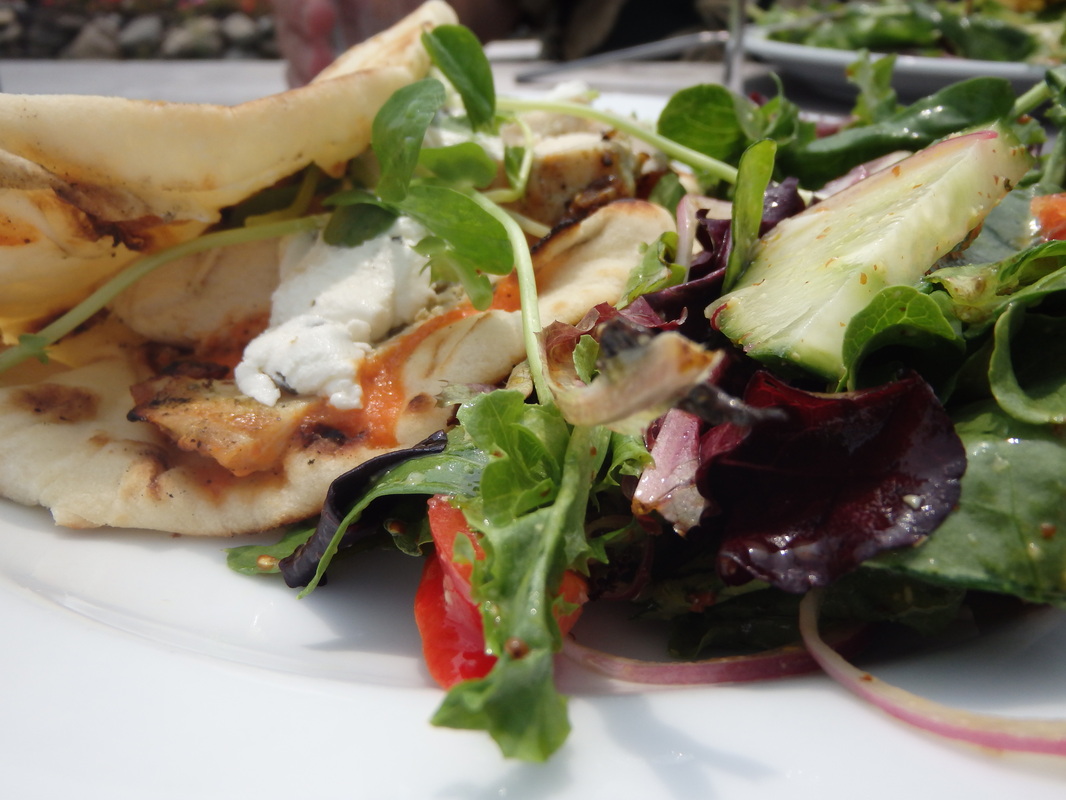 Chicken goat cheese flat bread sandwich and salad at Davids On Tour