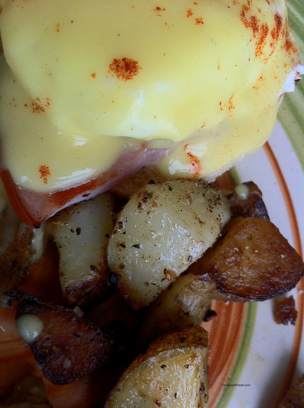 Eggs Benedict with potatoes at Whirligig's Cafe Wallace Nova Scotia Breakfast 