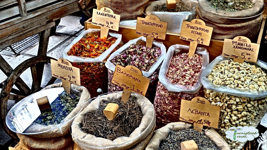 Dried flowers for tea and cooking in Thessaloniki market. 
