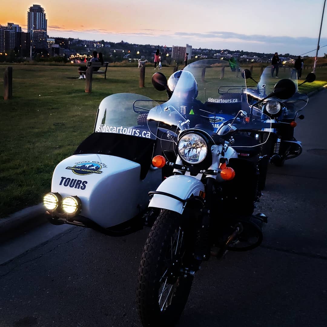White motorcycle and sidecar at dusk Picture