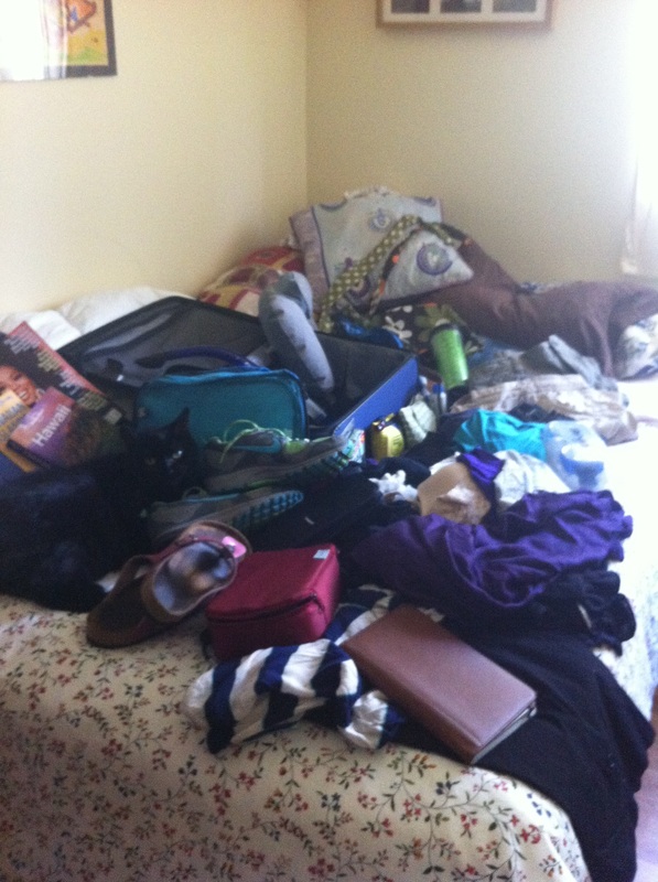 Pile of clothing waiting to be packed on a bedPicture
