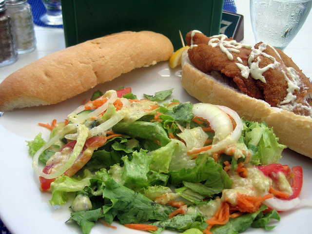 Barbados foodie: A plate of garden salad and a fried fish sandwich Picture