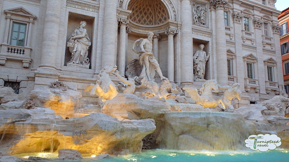 The sculptures of the Trevi fountain at dusk Picture