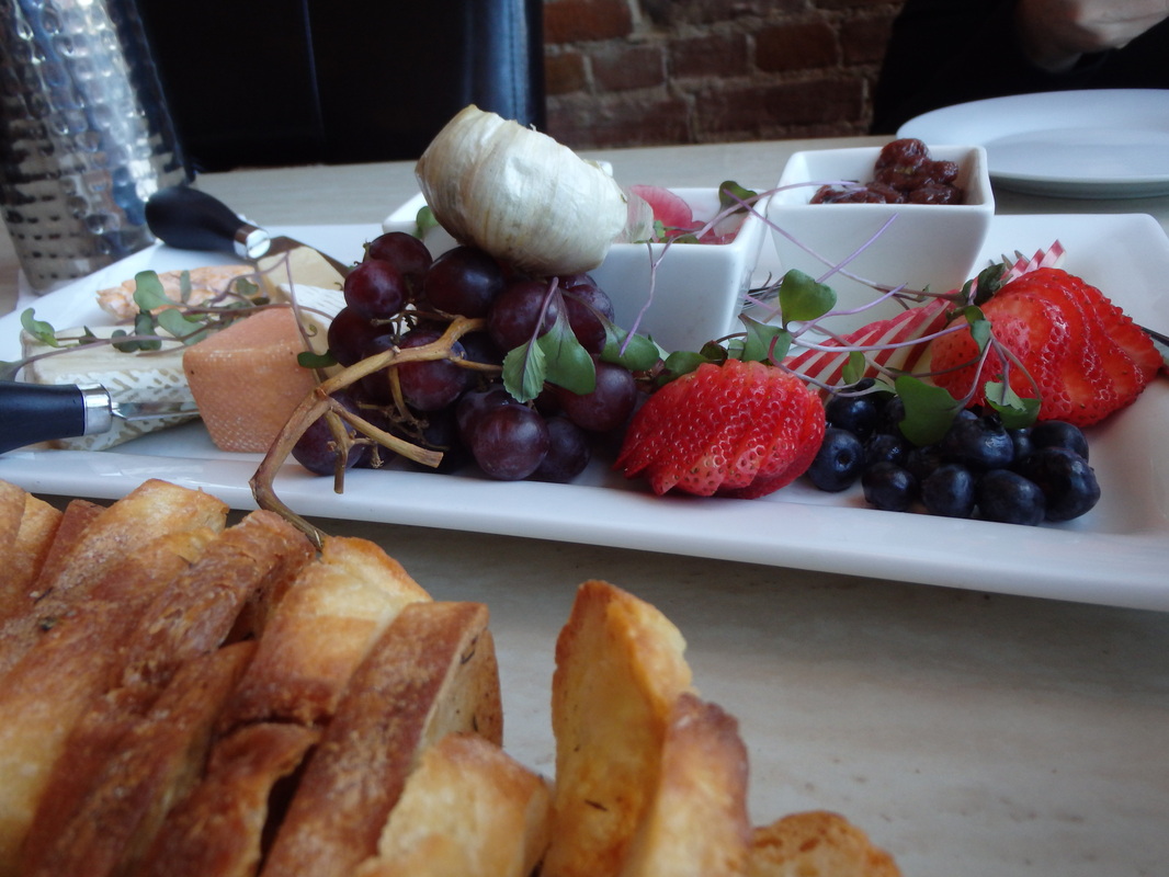 Cheese and fruit tray with baguette at Schofield's Bistro in Port Dover