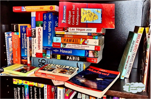 Pile of travel books on a shelf Picture
