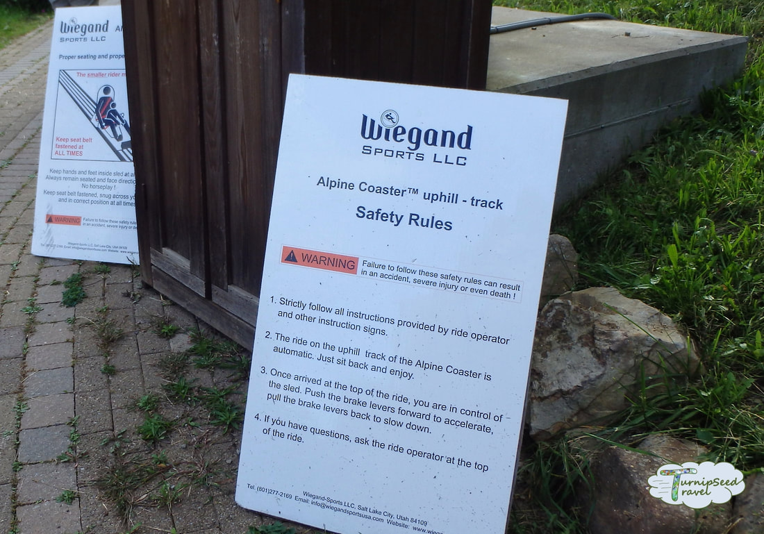 Safety signs for alpine coasters at Holiday Valley Resort 