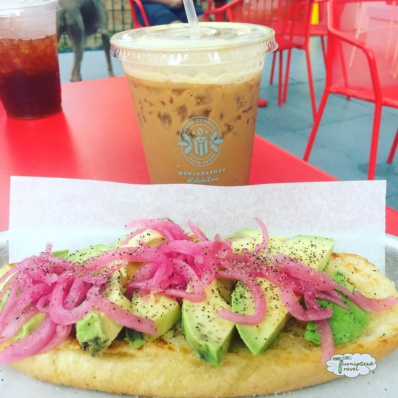Cheap lunch Washington DC with avocado toast with pickled onions and an iced coffee at Colada Shop Picture