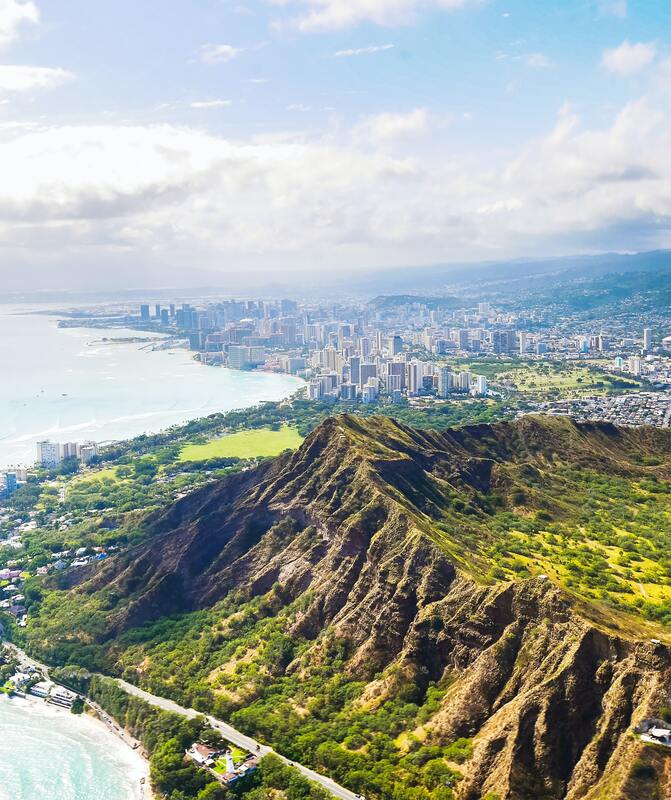 Diamond Head crater in the foreground and the city of Honolulu in the background