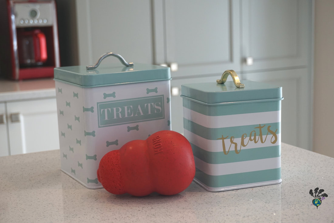Two turquoise and white metal dog treat cannisters sit on a white kitchen counter along with a red Kong toy Picture