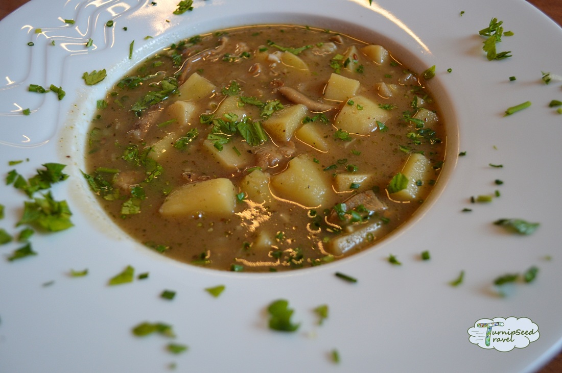 Homemade soup with potatoes, root vegetables, assorted re-hydrated mushrooms, and caraway seeds. Picture