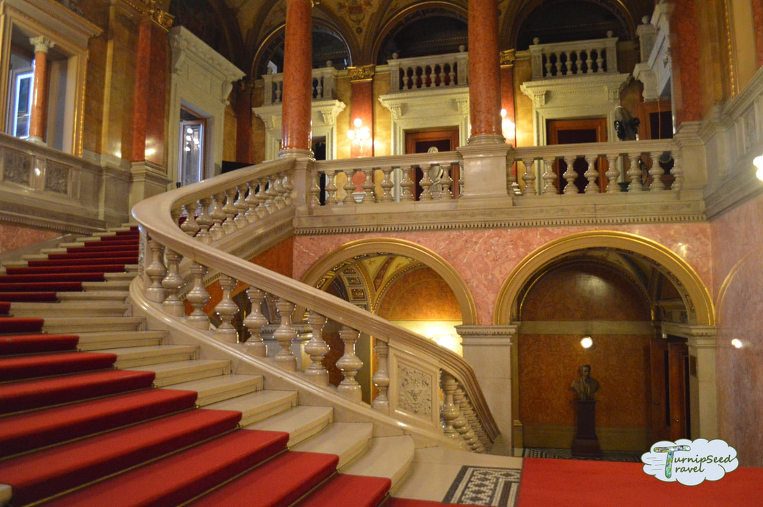 A gorgeous sweeping staircase and red carpet seen while touring the Hungarian state opera house.