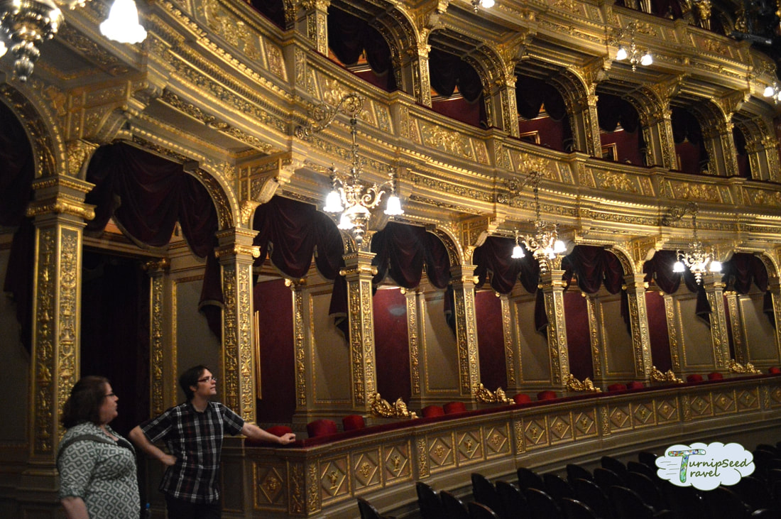 Being shown the ornate carved balcony seats seen while touring the Hungarian state opera house.