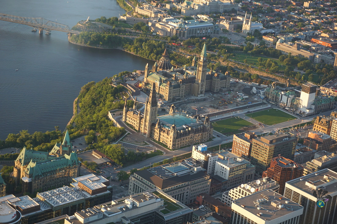 Aerial view of downtown Ottawa and Parliament Hill re