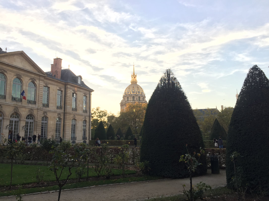The Invalides dome at sunset.