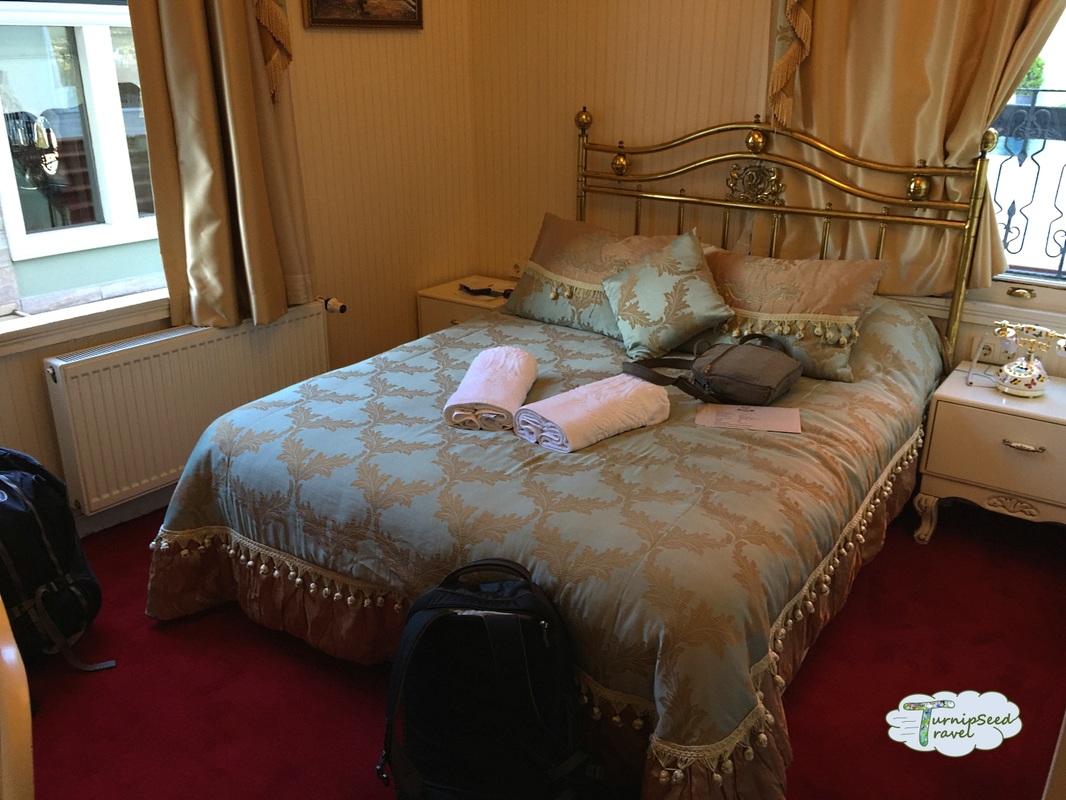 A hotel room with red carpet, a brass bed, and a green and gold bedspread