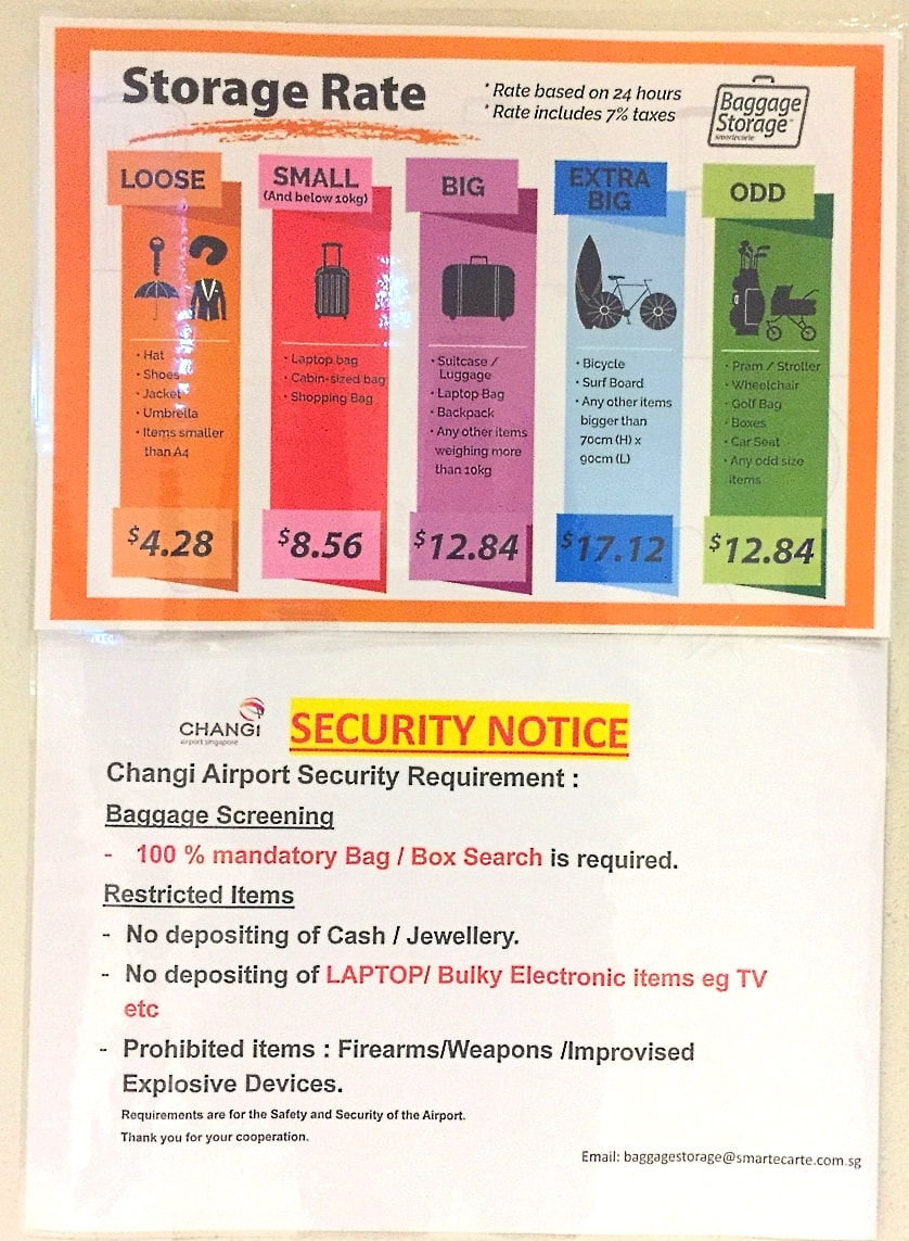 Luggage storage Changi airport poster with rates and rules