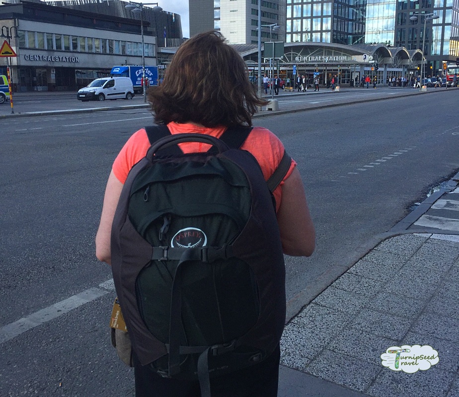 Vanessa with her backpack in Stockholm
