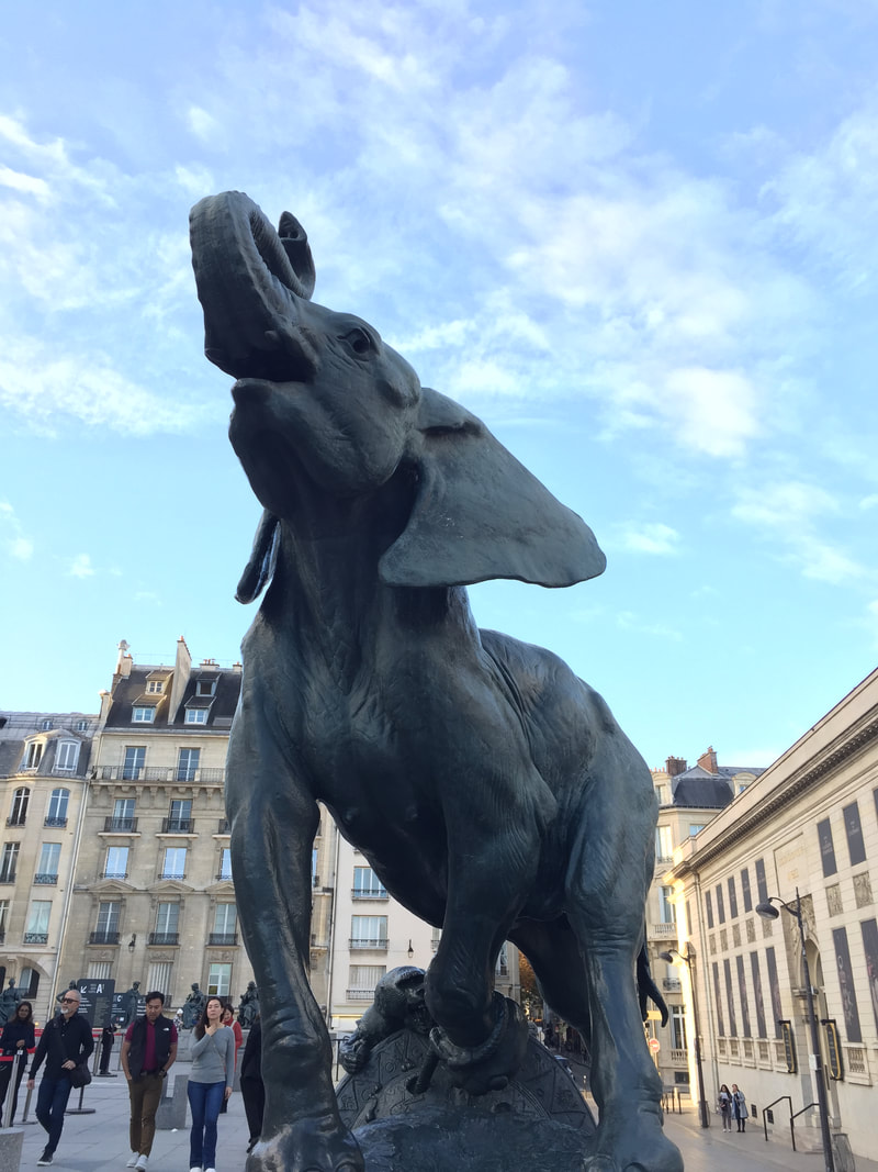 An elephant stands guard outside the Musee d'Orsay.