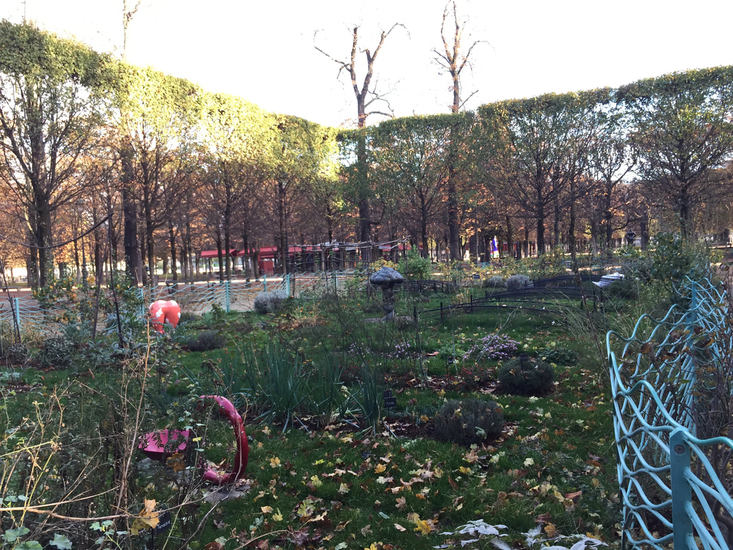 A community garden flower area with trees in the background.