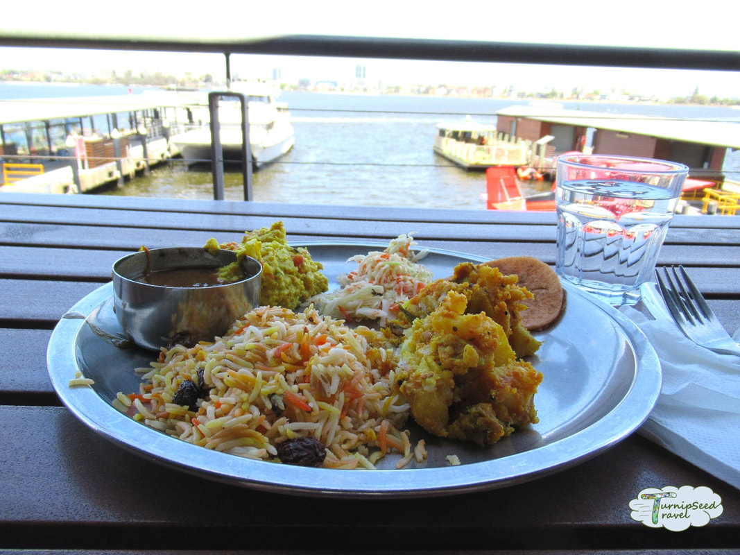 Vegetarian Indian food at Annalakshmi restaurant in Perth, overlooking the harbor