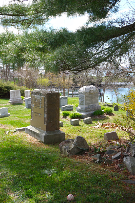Old headstones with a tree in the foreground and water in the background