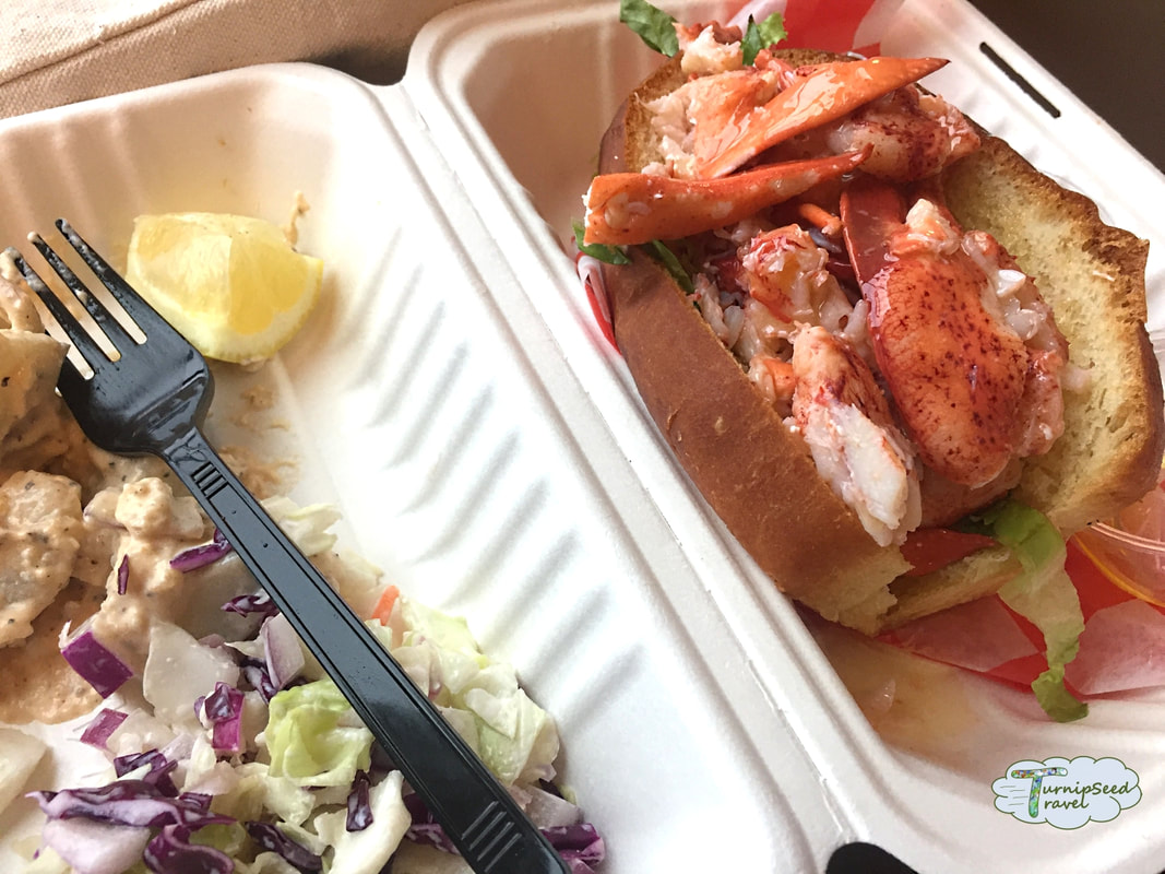 Portland Maine lobster roll from High Roller, served with drawn butter and side salads